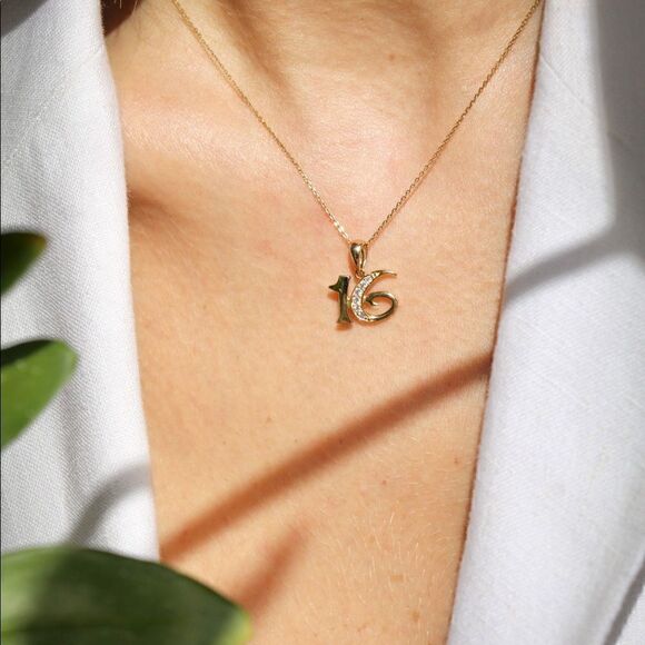 14k Solid Gold Sweet 16 Charm | Sweet 16 Jewelry | Real Gold Pendant | Birthday - Picture 3 of 7